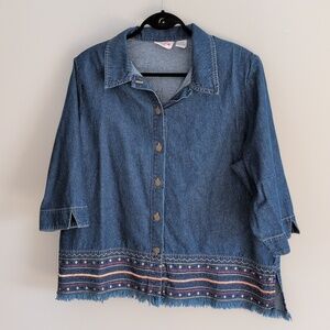 Vintage 90s Boho Embroidered Denim Shirt 100% Cotton Plus Size 18